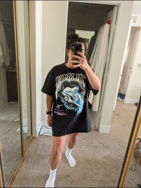 Black Graphic Short Sleeve Tee with Blue Lightning Design